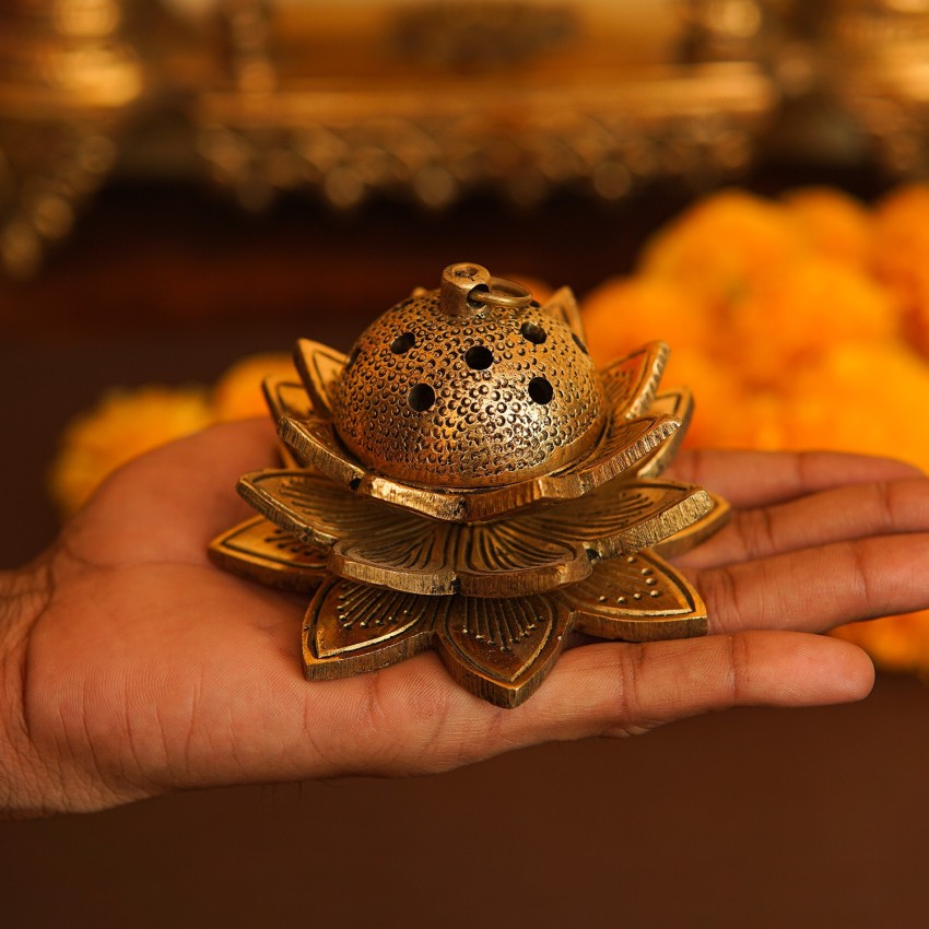 Brass Lotus Shaped Dhoop Dani Incense Burner For Pooja Room Decor