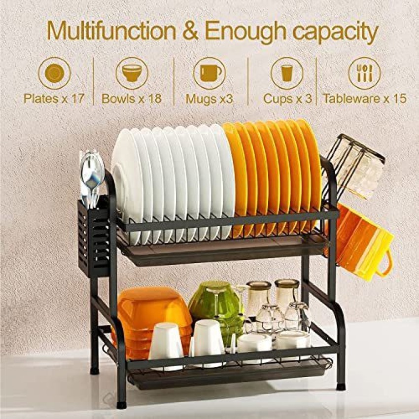 2-Tier Small Dish Drainer with Drain Board Plastic Dish Drying