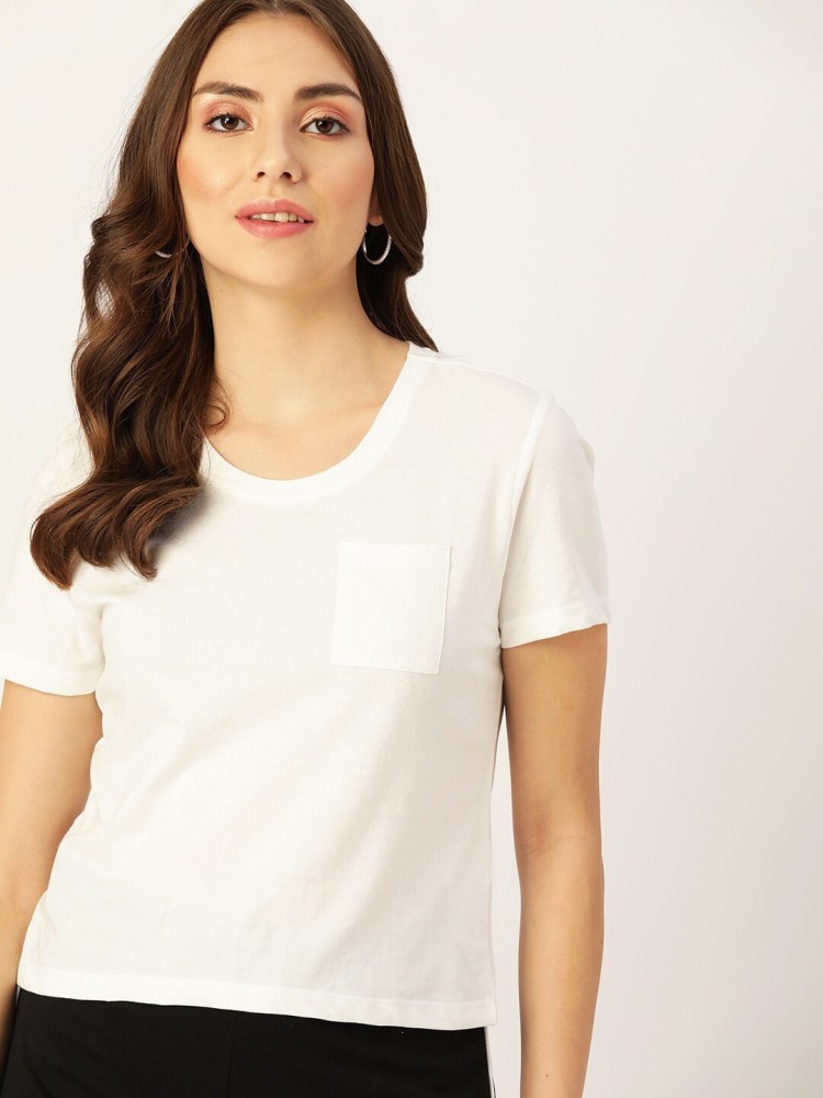 Dressberry Solid Women Round Neck White T-Shirt - Buy