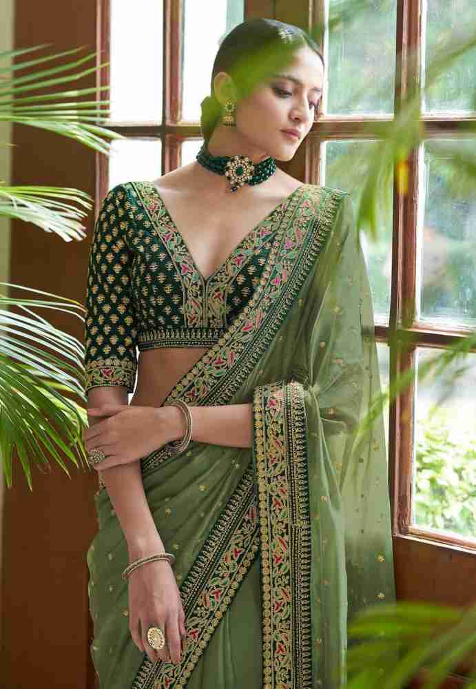 Buy Pista Green Silk Saree Floral Embroidered Border Online