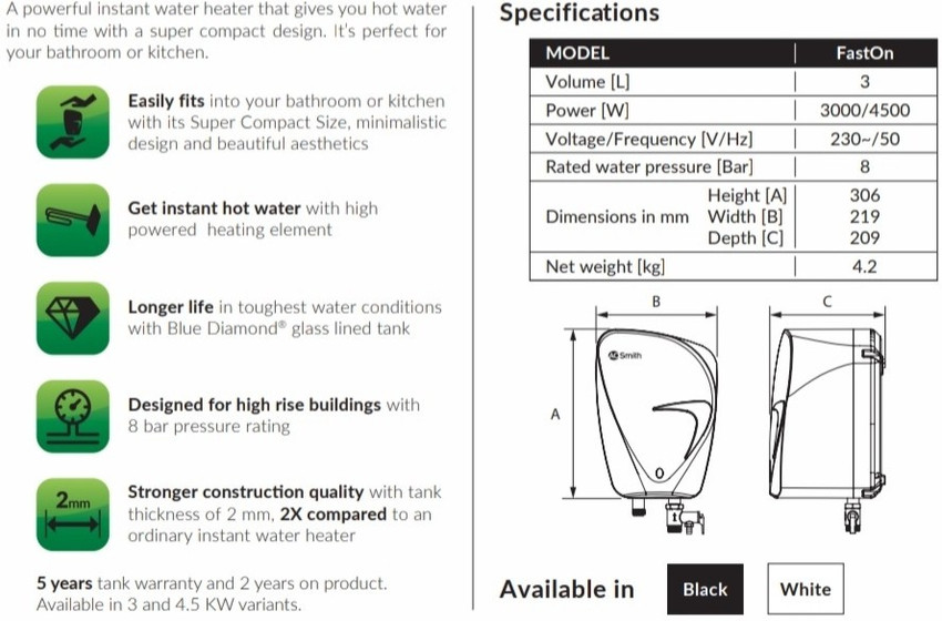 AO Smith 3 L Instant Water Geyser (FastOn, Black) Price in India - Buy AO  Smith 3 L Instant Water Geyser (FastOn, Black) online at Flipkart.com