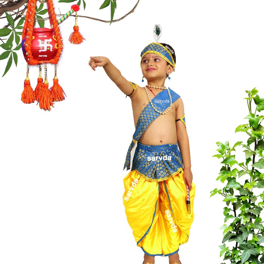 Premium Photo | Happy janmashtami greeting card showing little indian boy  posing as shri krishna or kanha/kanhaiya with dahi handi picture and  colourful flowers.
