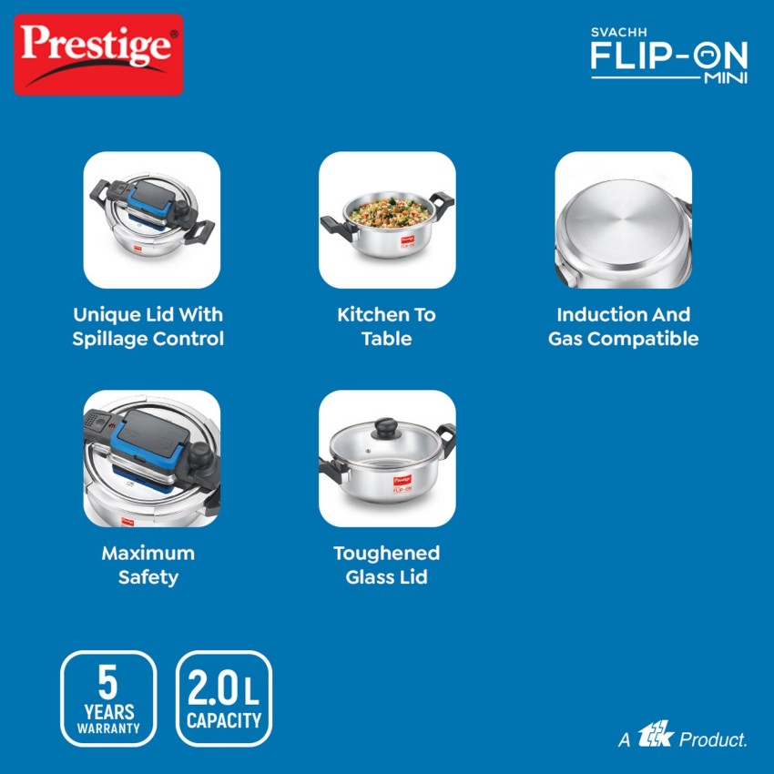 Induction Base Silver 2 Litre Prestige Flip On Stainless Steel Pressure  Cooker, For Cooking, Size: 31 X 21.7 X 14.5 cm(lxhxw)