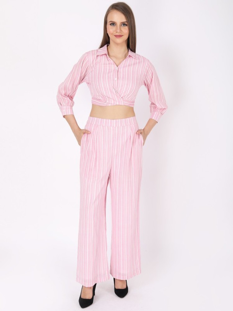 Ziyaa Women's Pink Rayon Flared Crop Top And Palazzo Set