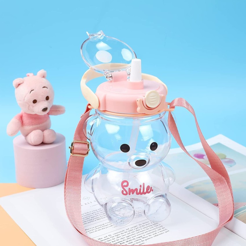 Smile Graphic Bear Flip Straw Water Bottle - Pink