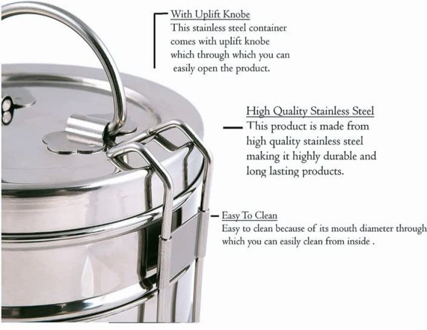 Stainless Steel Food Pack Round Tiffin Box 3 Tier (7x3Size)/ Lunch Box/  Office Lunch Box/ School Lunch Box with Lid and Locking Clip for Kid/