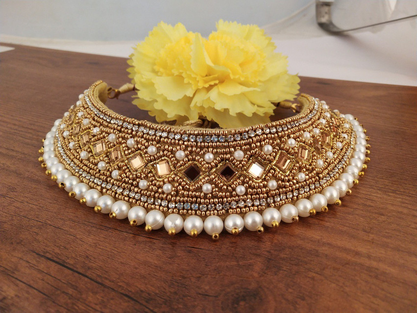 Vama Fashions Cloth Collar Neck Golden Choker Necklace Crystal
