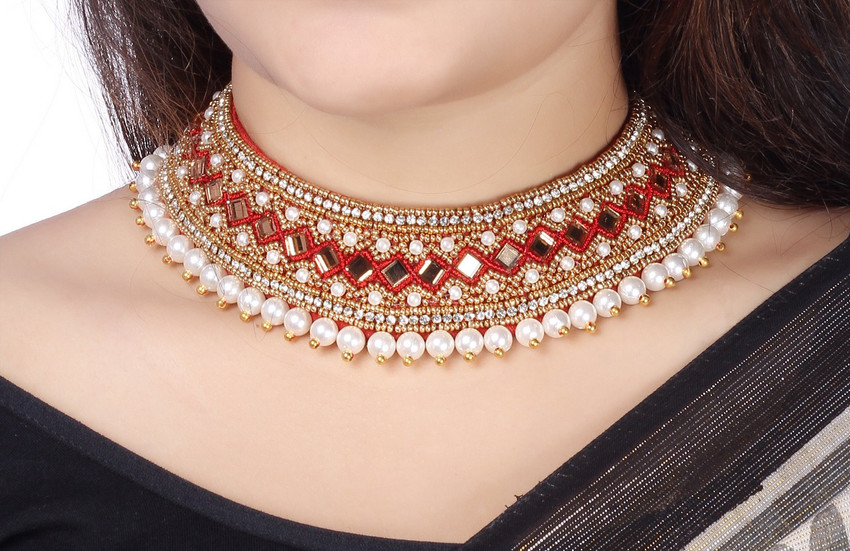 Vama Fashions Red Embroidery Thread Work Kapada cloth necklace jewellery Collar Neck choker Gold plated Plated Fabric Necklace Price in India Buy Vama Fashions Red Embroidery Thread Work Kapada cloth ...