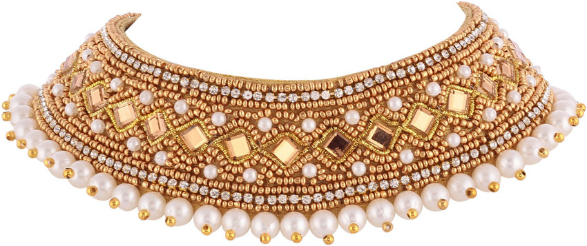 Vama Fashions Cloth Collar Neck Golden Choker Necklace Crystal