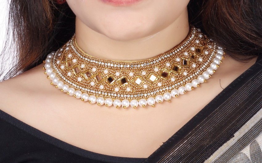 VAMA Cloth Collar Neck Golden Choker Necklace Crystal Stone