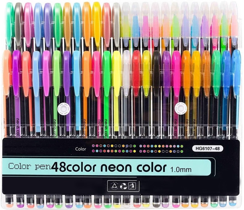 48 Pcs Gel Pen Set, Glitter neon marker Pen Set for Adult Coloring,  Writing, Drawing, Sketching, Kid- Doodling, 1.0 MM Tip Sizes - Assorted  Colors