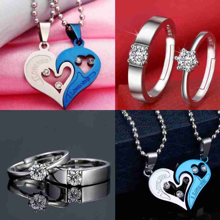 Silver Chain Stainless Steel Heart Shape Pendant Couple Ring Silver Ring  Pendant With Ring Valentine Special