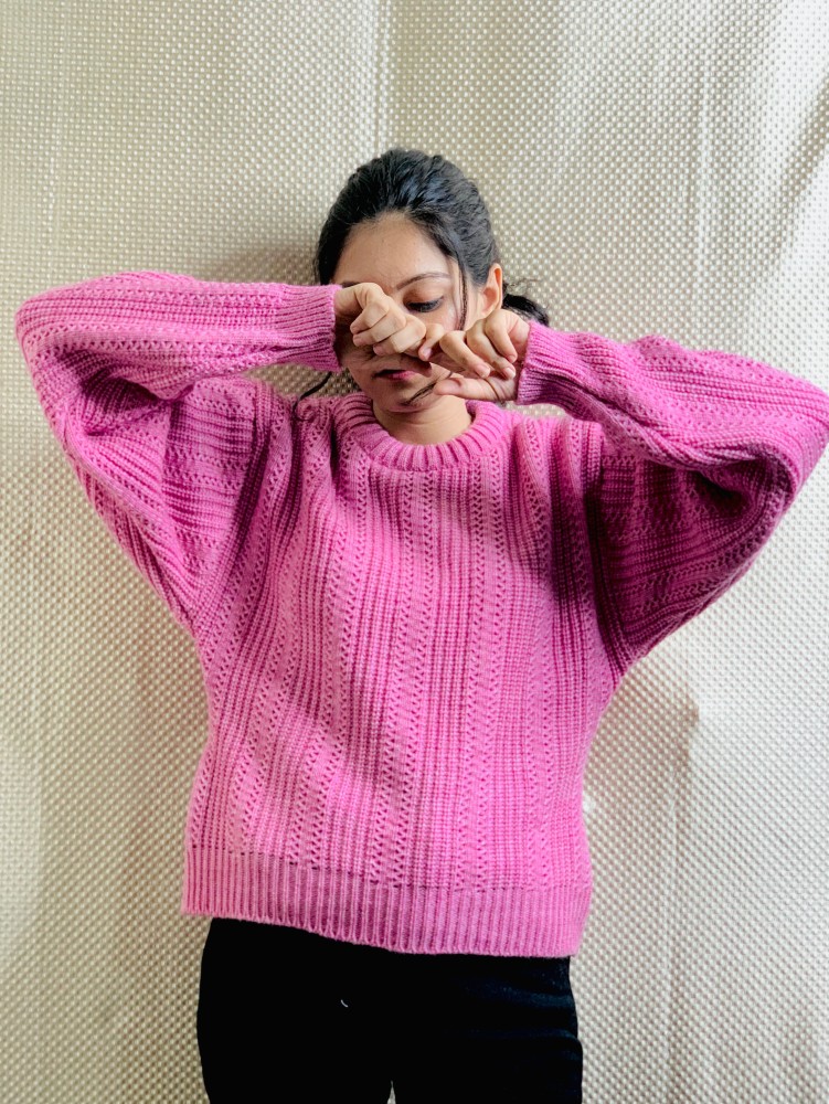 Modern look Self Design Round Neck Party Women Pink Sweater - Buy