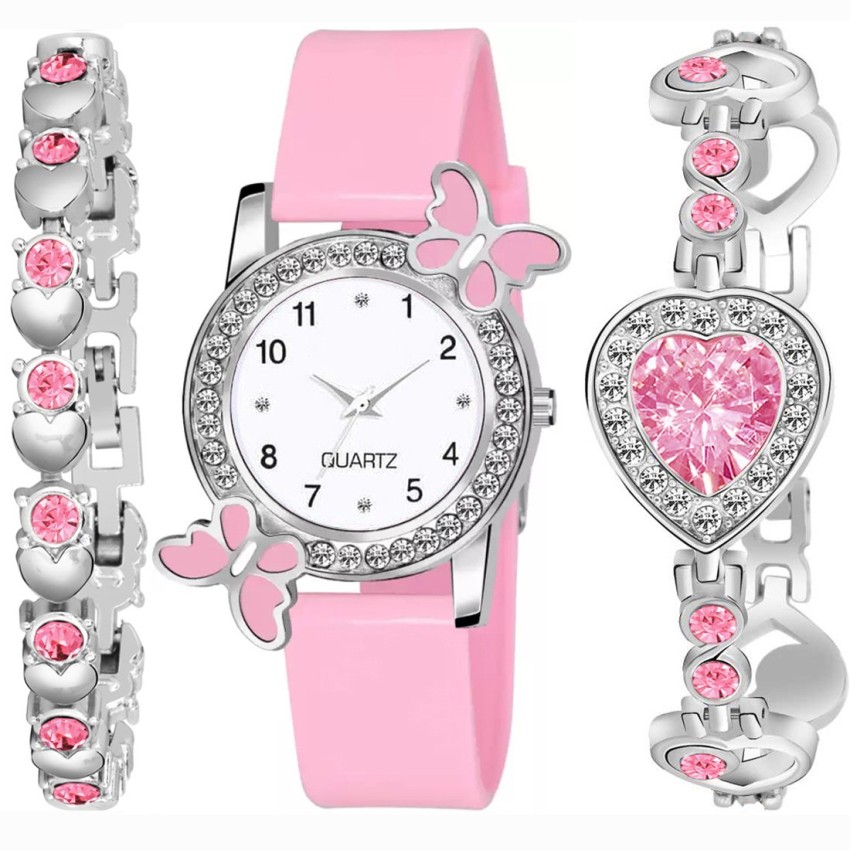 WHITE STONE BF 1 PINK Analog Watch For Women Buy WHITE STONE BF 1 PINK Analog Watch For Women Best Designer Pink Butterfly Heart Bracelet Combo Online at Best Prices