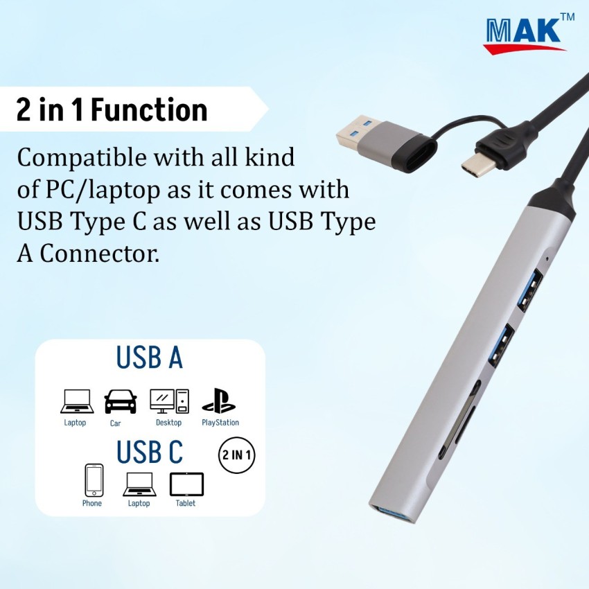 MAK 2-in-1 USB A/USB C Hub, 5 Multi port Adapter with USB 3.0