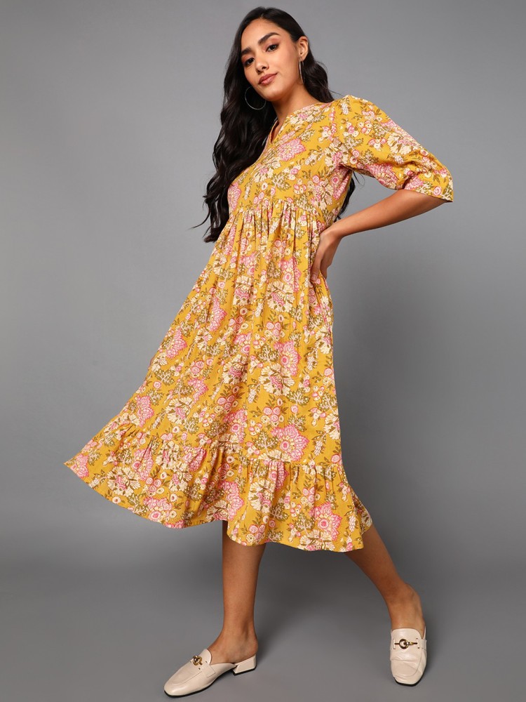 Aks mustard yellow printed maxi clearance dress