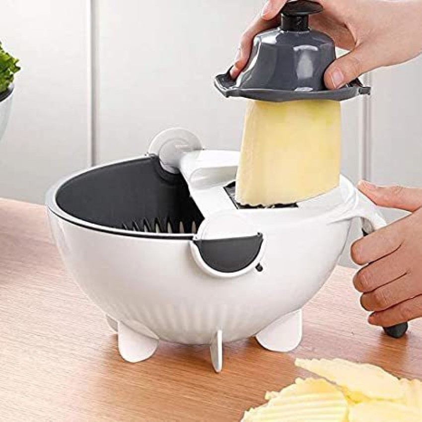 9 in 1 Slicer-Portable Multifunction Vegetable Cutter with Drain Basket,  Magic Rotate Colander, Slicer, Chopper, Grater