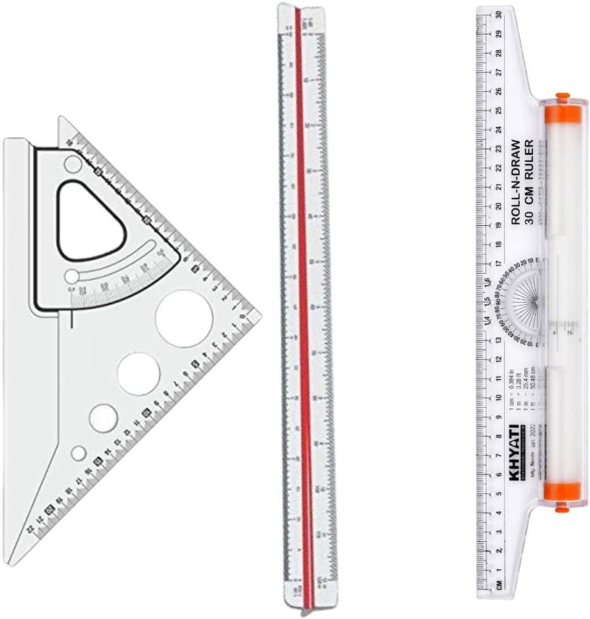 KHYATI ruler set- Plastic Roll N Draw Ruler (30 cm) and Plastic Triangle  Ruler-30cm Ruler 