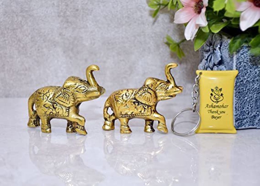 Indian Traditional Elephant Showpiece Metal Statue Small Size Gold Polish 3  pcs