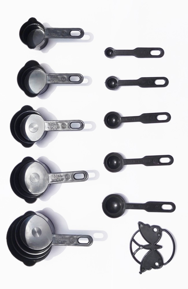 10pcs/set Plastic Black Measuring Cups & Spoons With Scale, 1.25ml