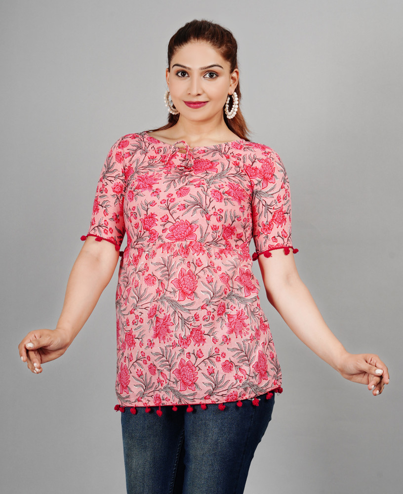 Shopping Santa Casual Floral Print Women Pink Top Buy Shopping