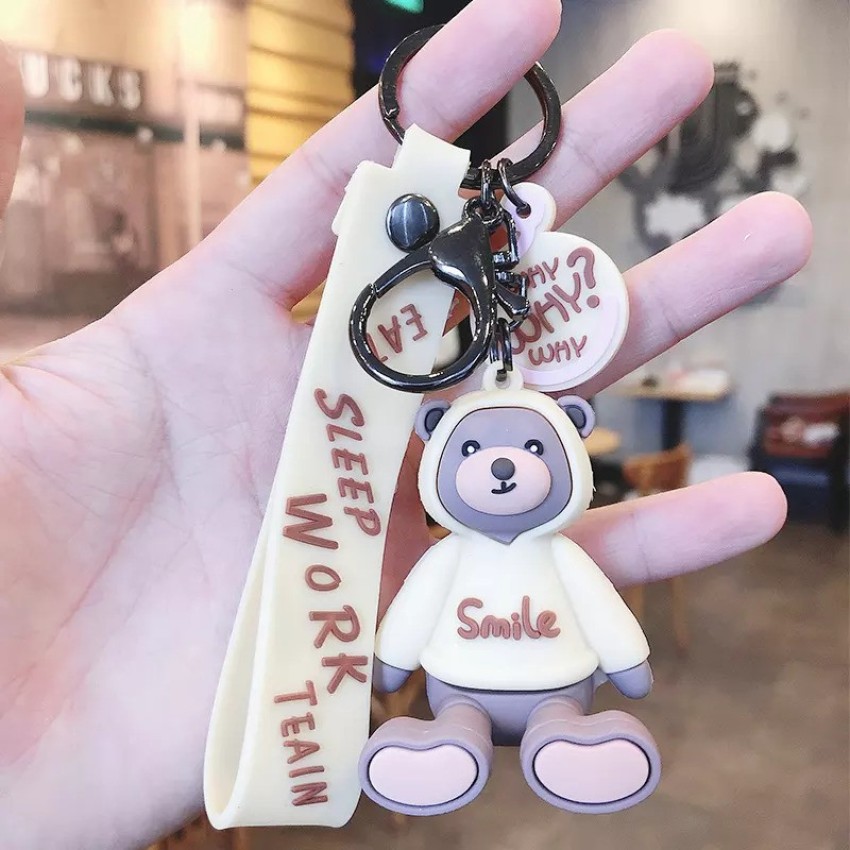 gtrp Cute 3D Teddy Bear Keychain With Charm White Key Chain