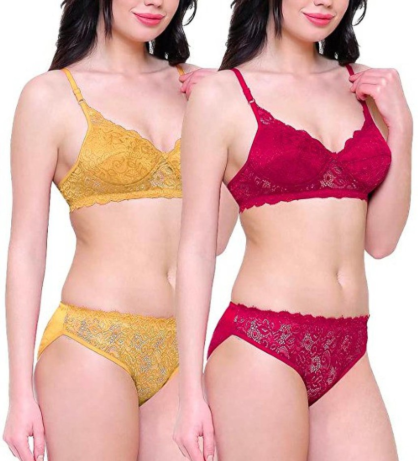 Buy Yana Women Red Self Design Lace Set Of 1 Bra And Panty (Free
