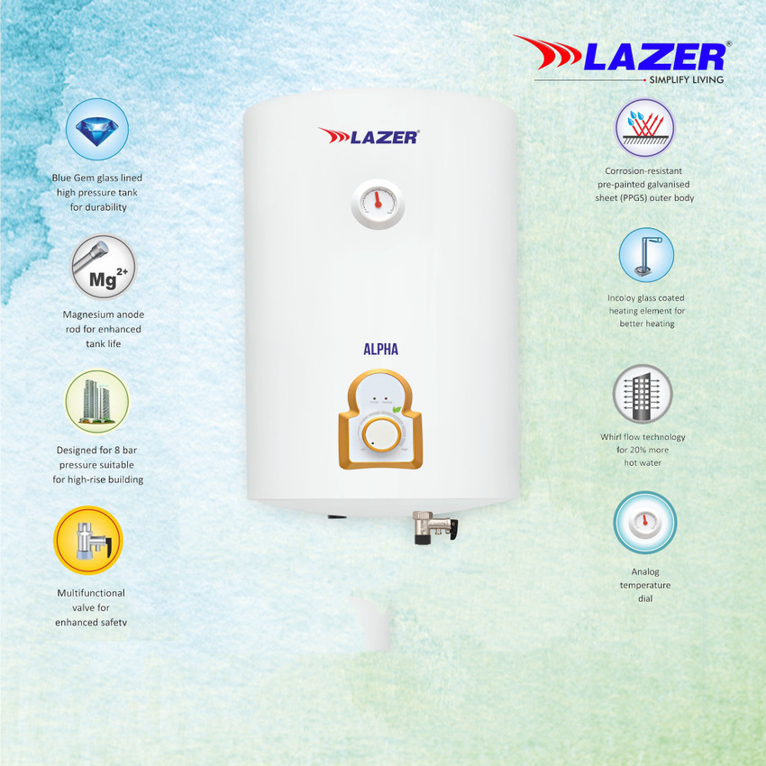 Lazer 15 L Storage Water Geyser (ALPHA Vertical Glassline 5 Star, White)  Price in India - Buy Lazer 15 L Storage Water Geyser (ALPHA Vertical  Glassline 5 Star, White) online at Flipkart.com