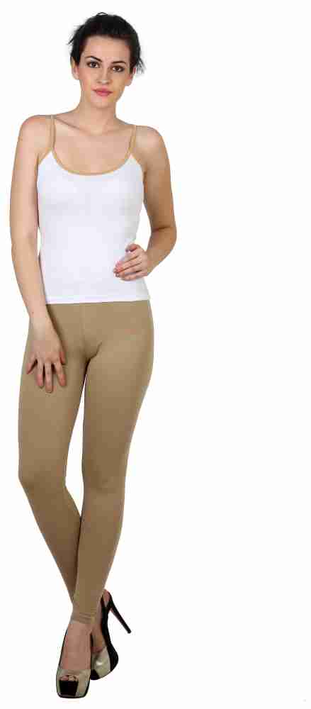 Skin Color (Beige) Women Solid Beige Cotton Lycra Leggings,, 57% OFF