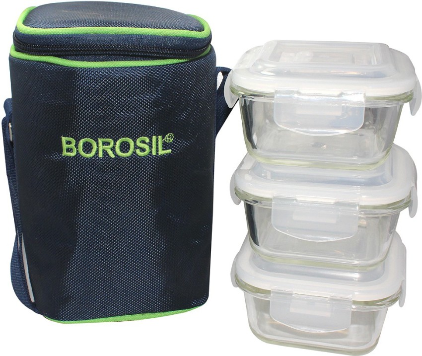 Glass Lunch Box Set of 3 320 Ml Square Microwave Safe office Tiffin Blue