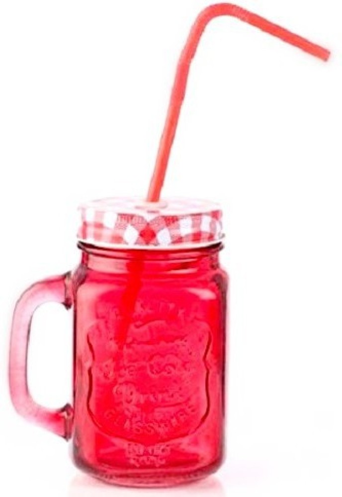 Mason Jar, with Straw & Lid, Red, Glass, 450 mL - Market 99