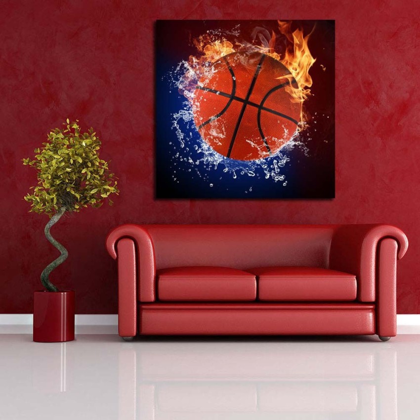 Poster Basketball ball in fire flames and splashing water 