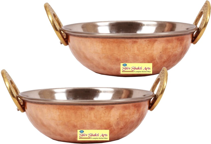 Brass Hammered Design Serving Cooking Kadhai with Tin Lining, 2300 ML, Gold
