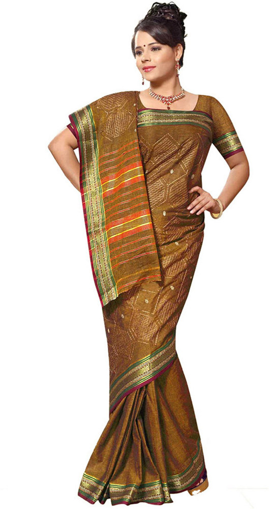 Buy Kalazone Silk Mills Printed Bollywood Cotton Blend Brown Sarees Online  @ Best Price In India | Flipkart.com