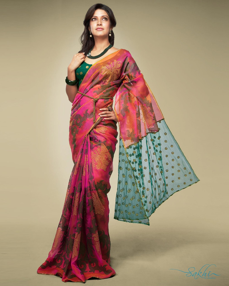 Buy Sakhi Fashions Printed Silk Blend Gold Green Pink Sarees Online Best Price In India Flipkart