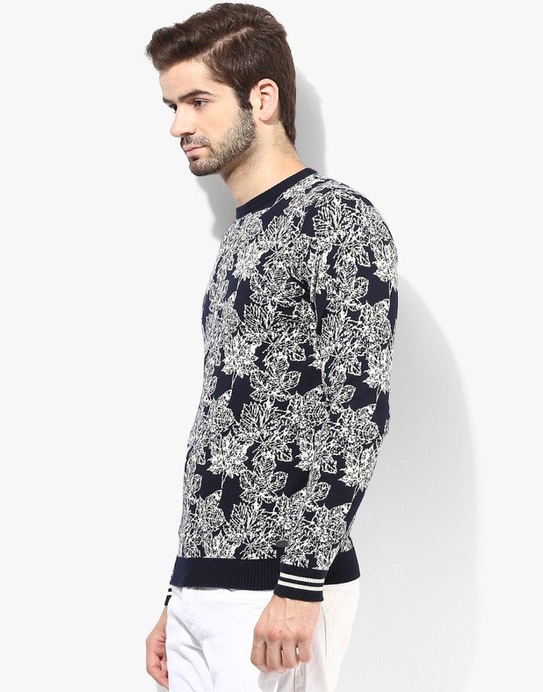 JACK JONES Floral Print Round Neck Casual Men Black Sweater