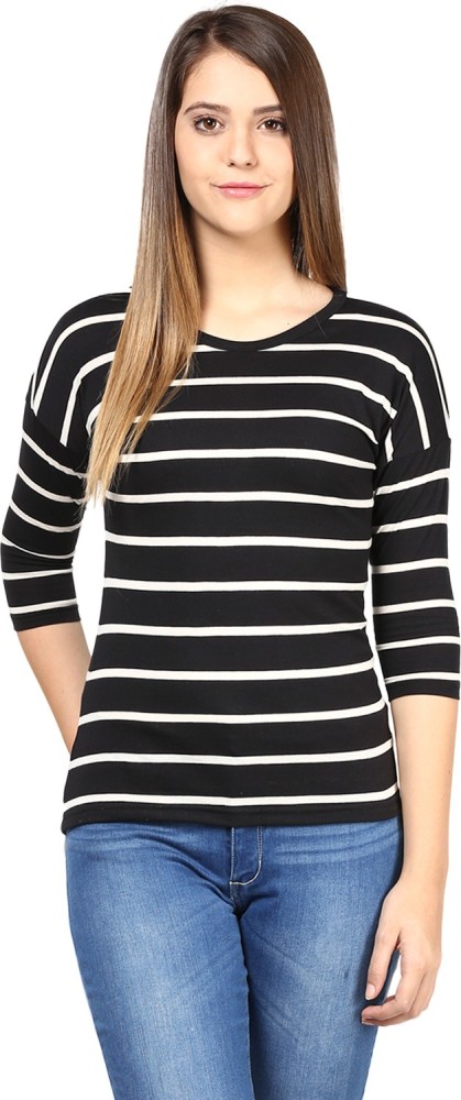 HYPERNATION Striped Women High Neck White Black T Shirt