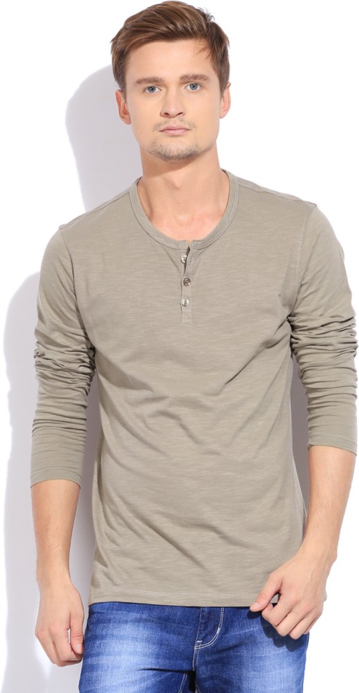 FLIPPD Solid Men Henley Neck Grey T-Shirt - Buy CEMENT FLIPPD