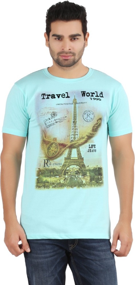 R - Cross Printed Men Round Neck Light Blue T-Shirt - Buy Light