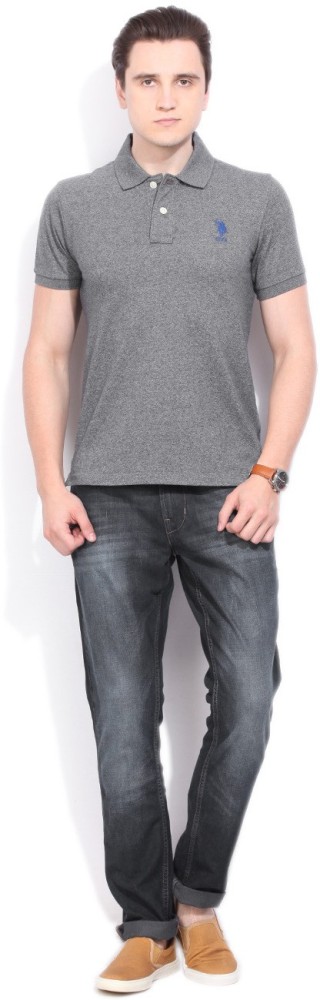 Buy Men Grey Solid Polo Neck T-shirt Online - 589587