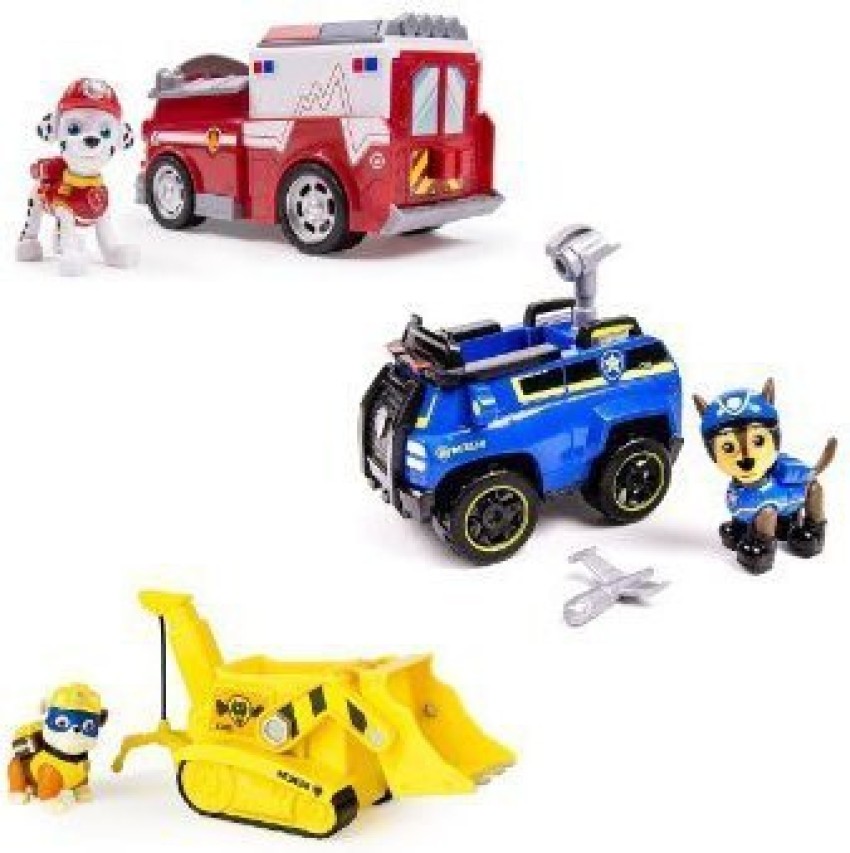 PAW PATROL Chase S Spy Cruiser Marshall S Ambulance Super Pup Rubble S Crane Vehicle And Figure Combo Set Chase S Spy Cruiser Marshall S Ambulance Super Pup Rubble S Crane Vehicle And