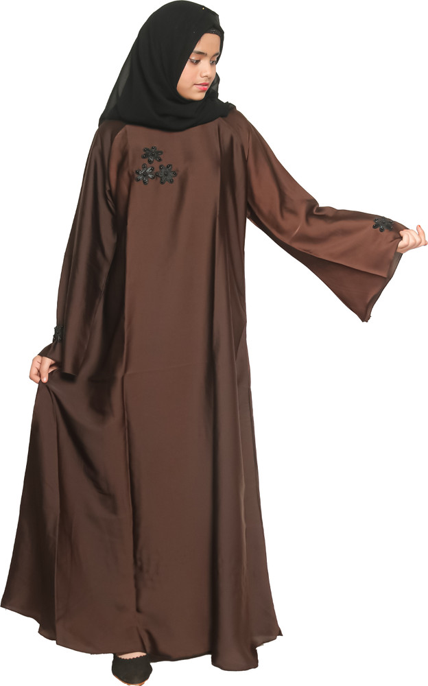 MODEST CITY Self Design Plain Brown Nida with Flower Abaya or