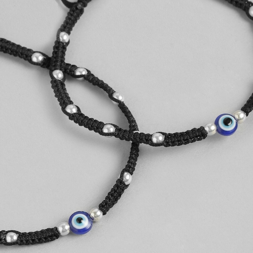 925 Sterling Silver Beads Evil Eye Black Thread Anklet- Dark Blue