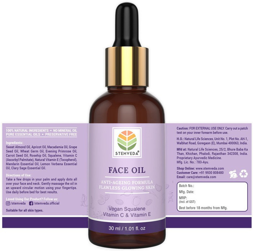 STEMVEDA Face Oil For Flawless Glowing Skin Anti Ageing Lightweight Blend Suitable For All Skin Types Blend Of 8 Oils Enriched With Pure Essential Oils Vegan Squalene Vitamin E