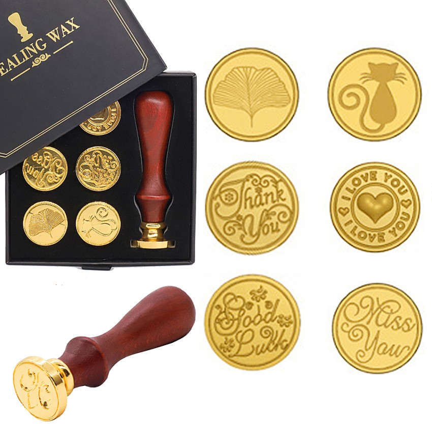 7 Pcs New Copper Seal Decoration Cards Sealing wax kit Wax seal stamp kit  Wooden Handle Wax seal kit