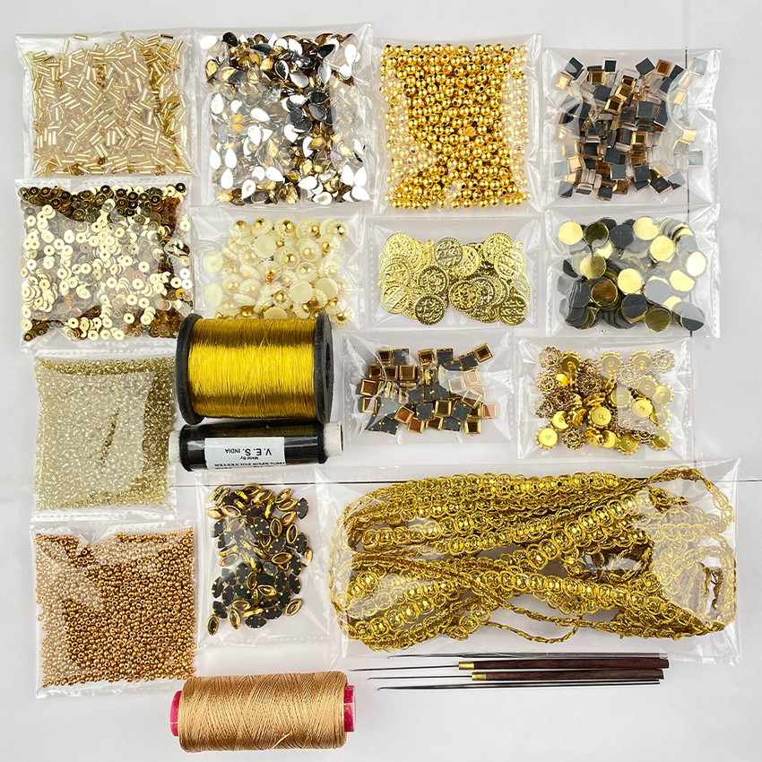 Qroof Aari Work Materials Kit Combo Pack Set of Gold Color Beads