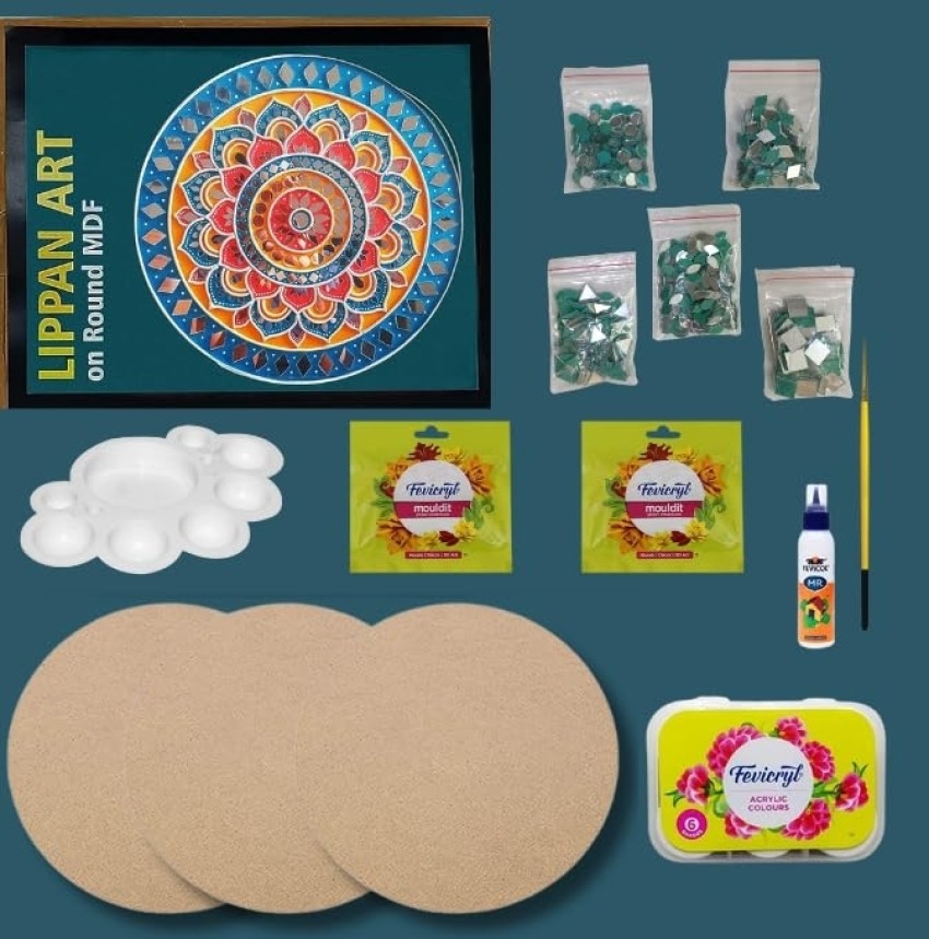Decordial lippan Art Materials kit with Mandala Tools Round MDF DIY kit (1  pcs lippan Art Clay, 2 pcs lippan Art Board, lippan Art Mirror, lippan Art  Painting Brush and Acrylic Colour 