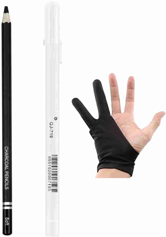 mixale Willow charcoal stick & white Gel highlighter With  Sketching Glove for artist - art set Charcoal Pencil & White pen