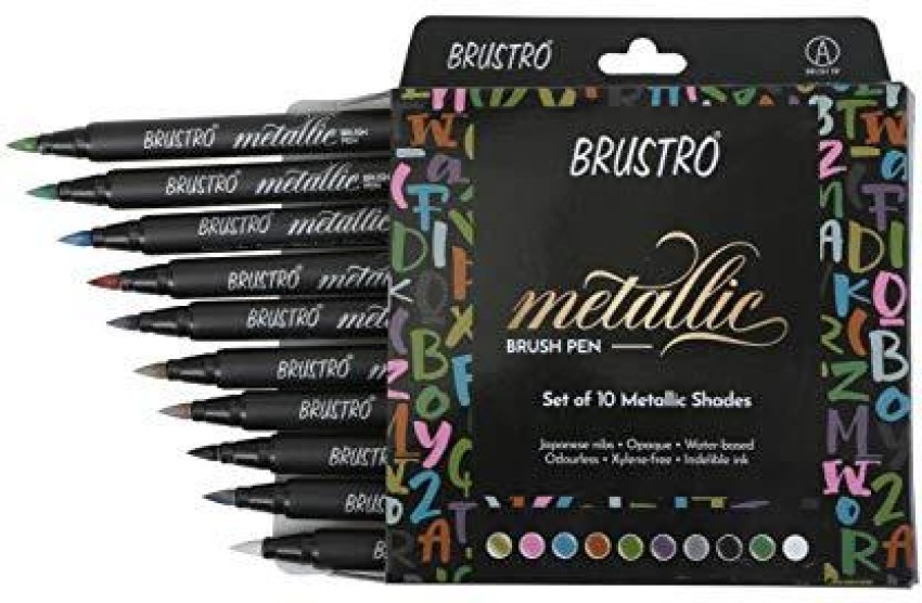 BRuSTRO Metallic Brush Pens Set of 10 Colors with Black  Paper A5 - Art Sets