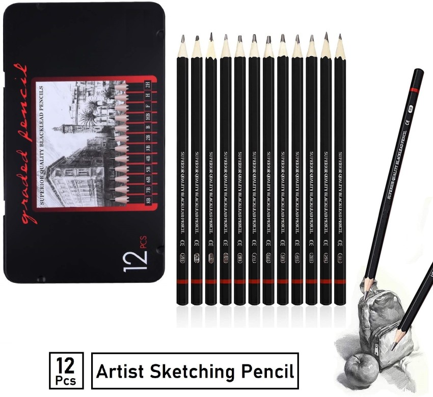 ARTTWALA 12 SHADES GRAPHITE SKETCHING PENCIL SET FOR DRAWING  & SHADING , 6PCS BLENDING PAPER STUMPS , 1 PC OF KNEADABLE ERASER COMBO  SKETCHING KIT FOR PROFESSIONAL ARTISTS - ART SET